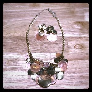 Shell pink and gold tone necklace and earring set
